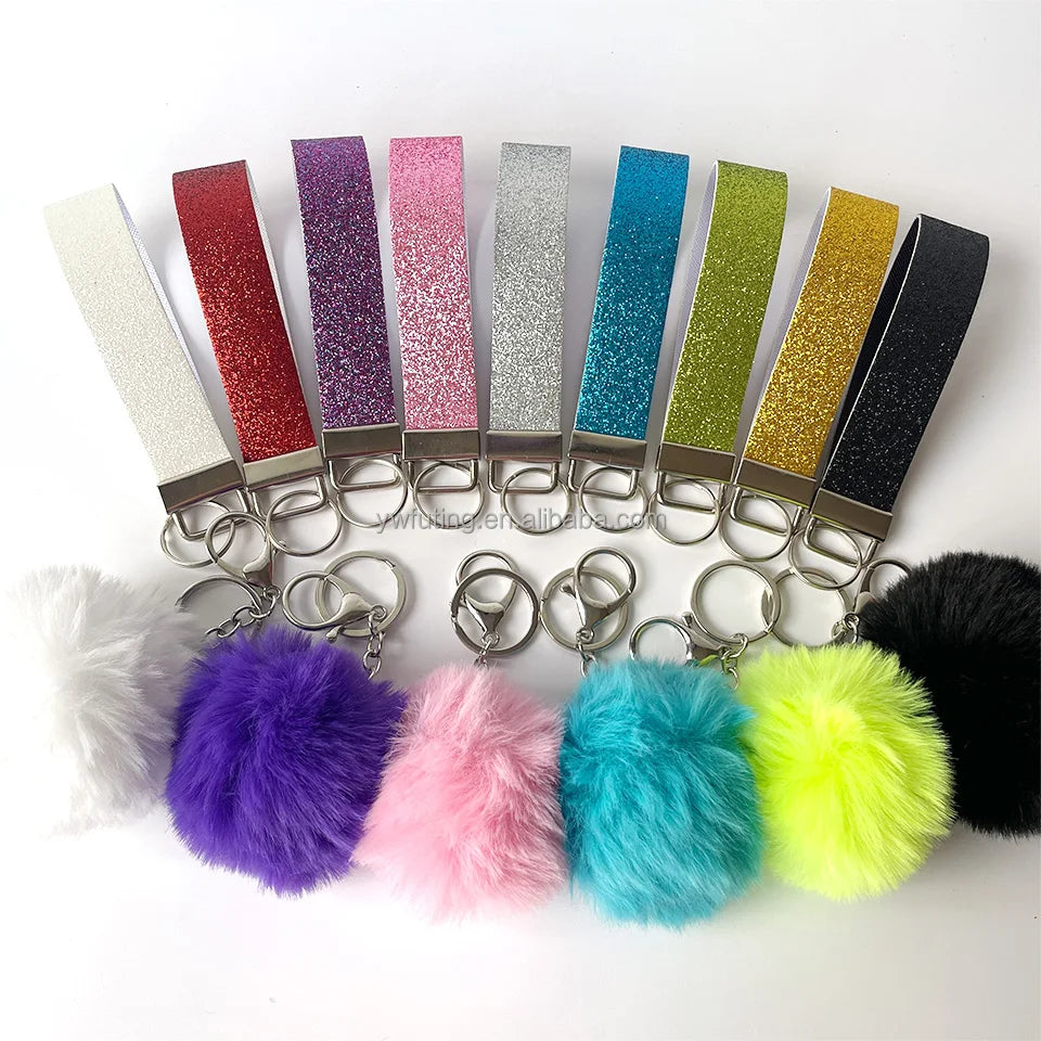 New Fashion in Stock Self-defense Keychains Pompom Keychain Security Gift Bling Glitter Leather Wristlet Keychain