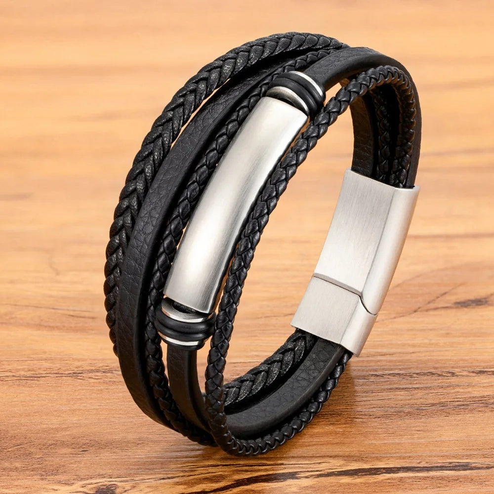 Personality Braided Leather Bracelet Bangle Stainless Steel Cross Accessories Fashion Bracelet Wristband for Men