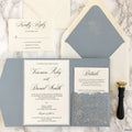 Elegant Dusty Blue Glitter Laser Cut Tri Fold Pocket Wedding Invitation Suite for Birthday Sweet 15 16