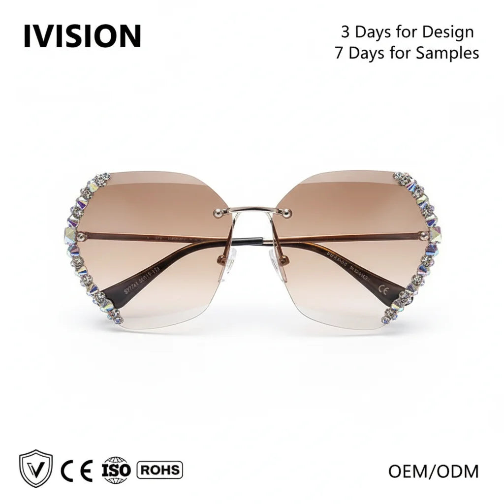 Hot Selling Trendy Rhinestone Rimless Sunglasses Bling Vintage Sun Glasses Metal Frame Sunglasses Women Diamond  in Stock