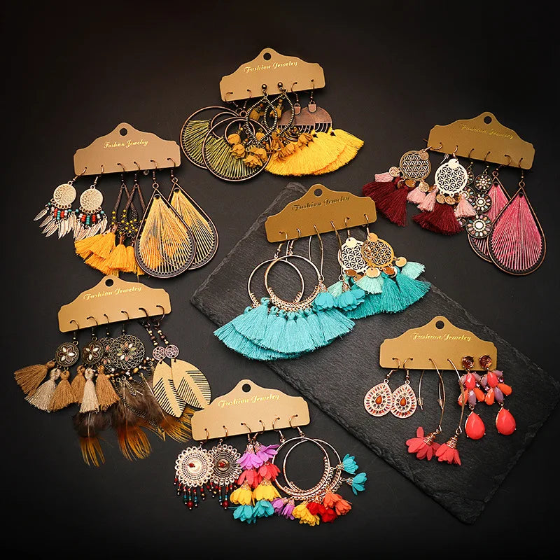 HOVANCI Handmade Fashion Gold Bohemia Ethnic Jewelry Boho Earrings Woven 12 Tassel Retro Earrings