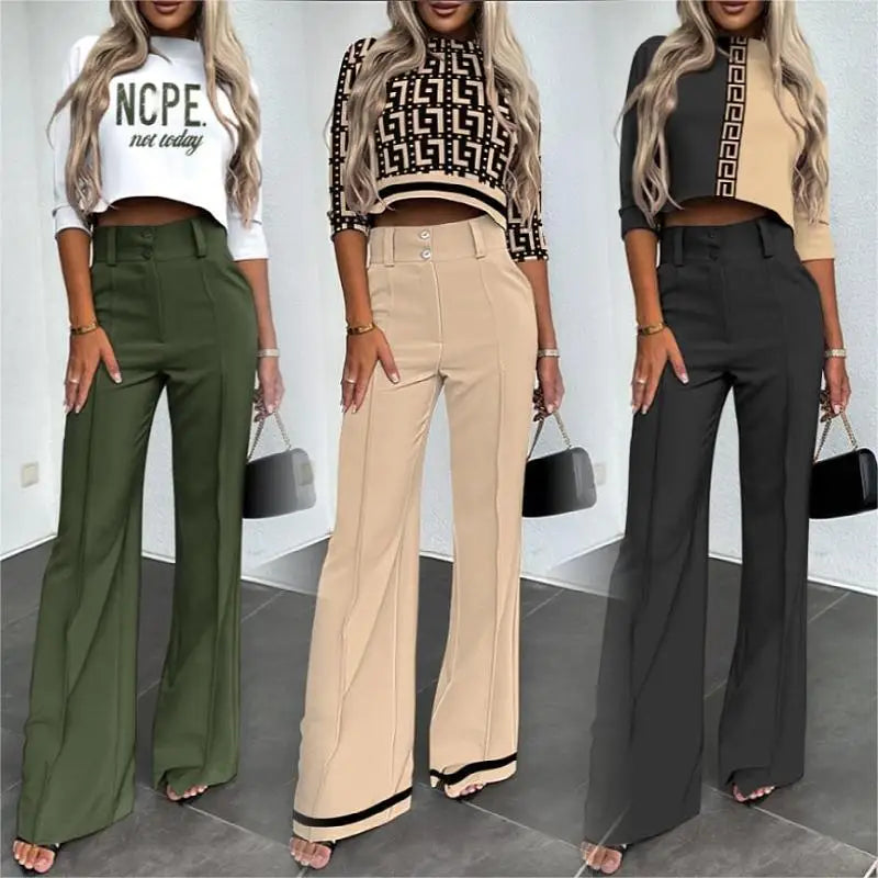 New Spring Fall Fresh Sweet Women Clothing Ladies Half Sleeve Fashion Casual Set Print t Shirt Pants Two Piece Women's Sets