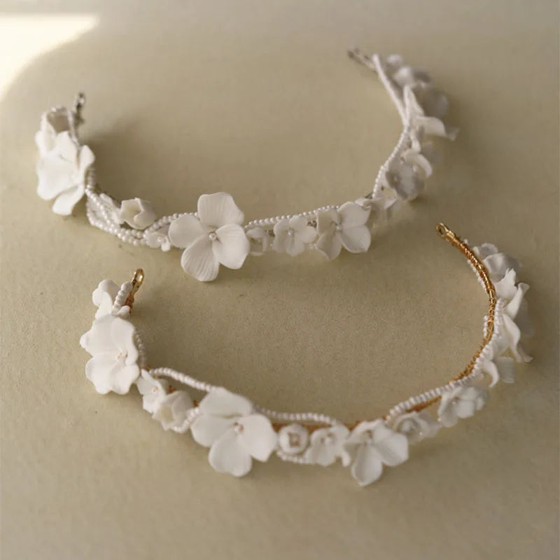 SLBRIDAL Handmade Ins Style Rhinestone Crystal Pearls Porcelain Flower Bridal Tiara Wedding Bridesmaids Crown Women Hair Jewelry