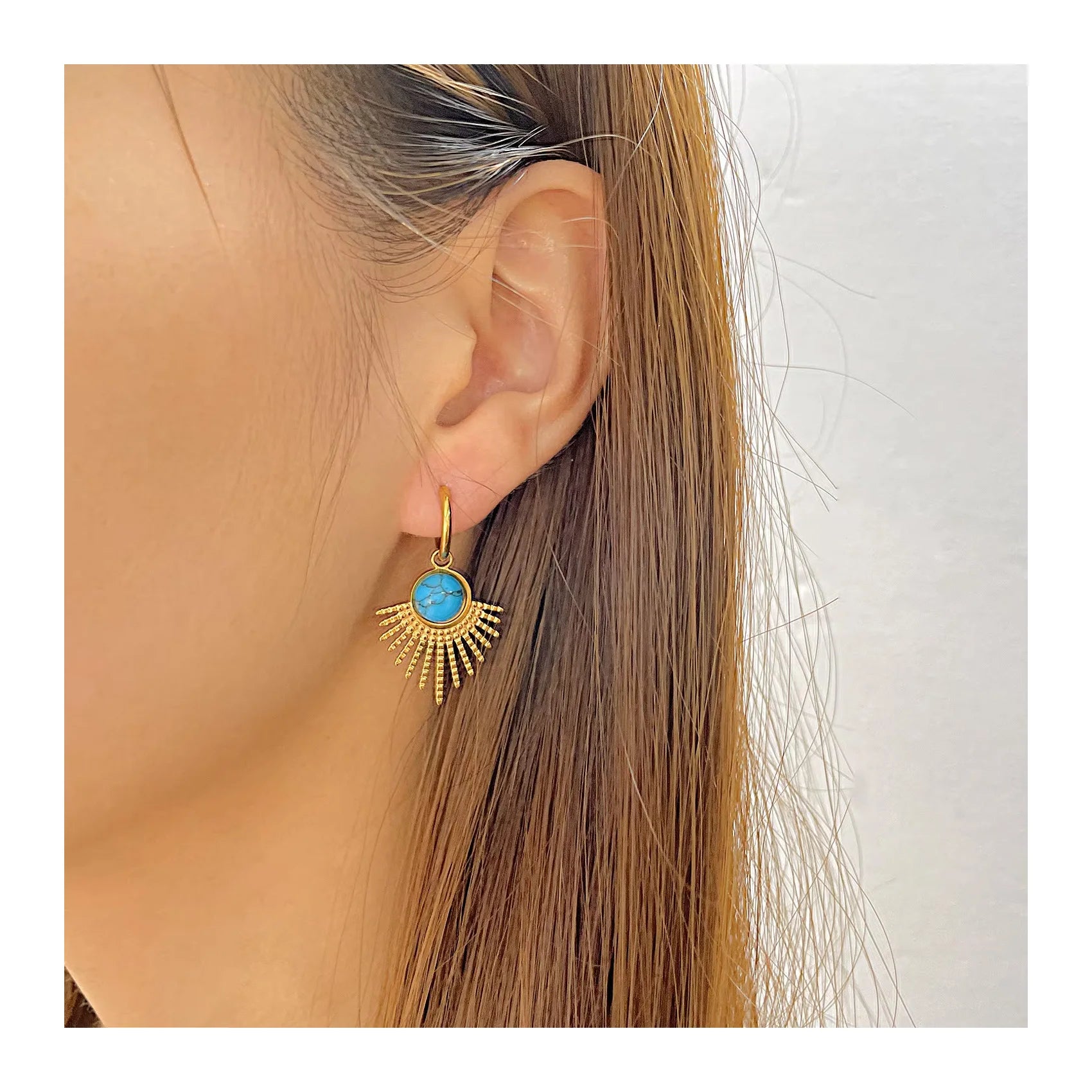Designer Vintage Chunky Tarnish Free 18k PVD Gold Plated Stainless Steel Hoop Blue Turquoise Earrings Boho Jewelry for Women