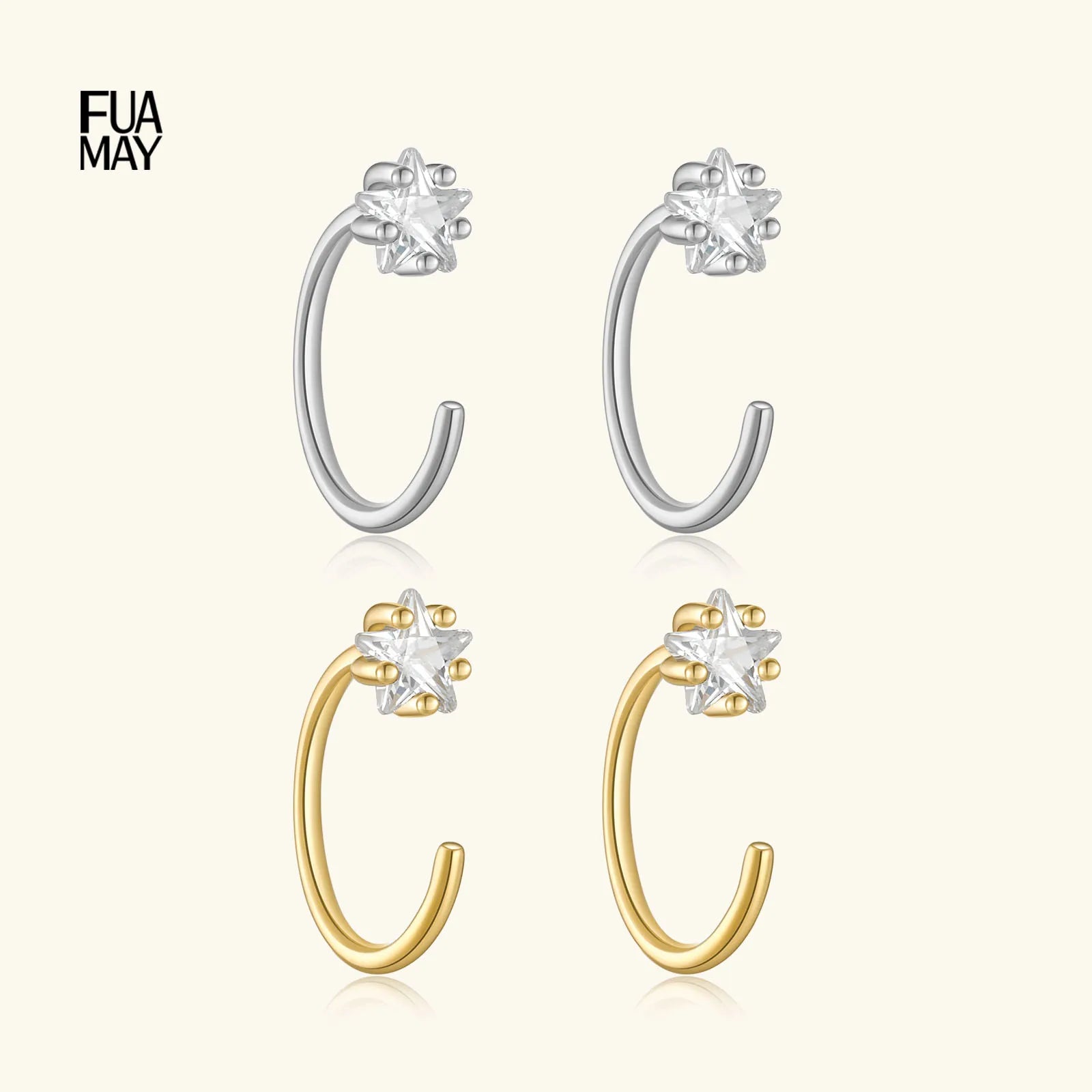 FUAMAY Sterling Silver 925 Jewellery Star Earrings Silver Piercing C Hoop Earrings for Sensitive Ears
