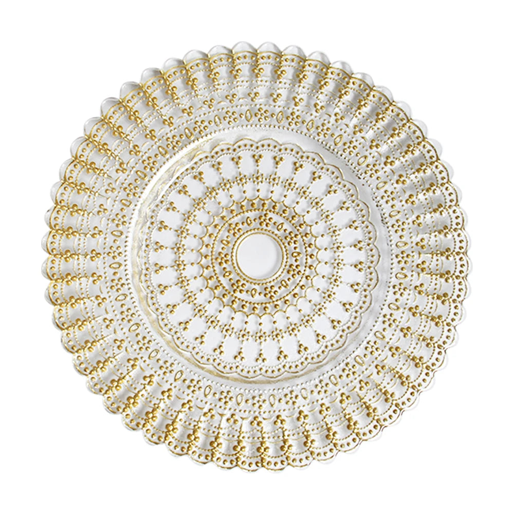 Wholesale Eco-Friendly Transparent Gold Patterned Glass Chargers Plate Restaurant Hotel Use with Gold Silver Lip for Weddings