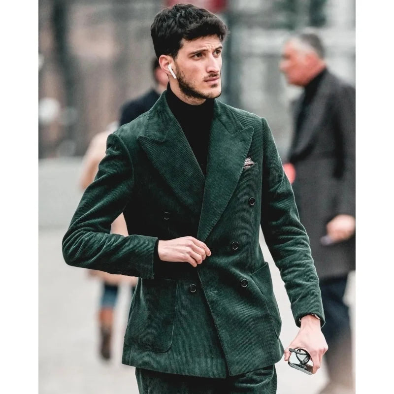 Italian Casual Green Corduroy Men Suits Double Breasted New Style Formal Suits Smart Business Tuxedo 2 Pieces Casual Blazer Sets