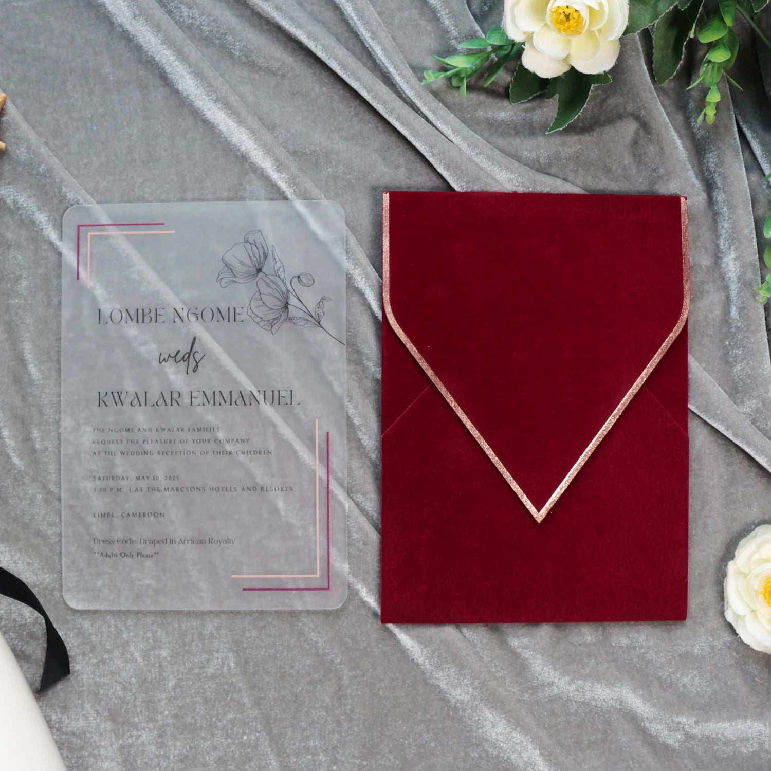 Party Favors New Arrival Luxury Frosted Acrylic Wedding Invitation Card with Velvet Envelope Pocket