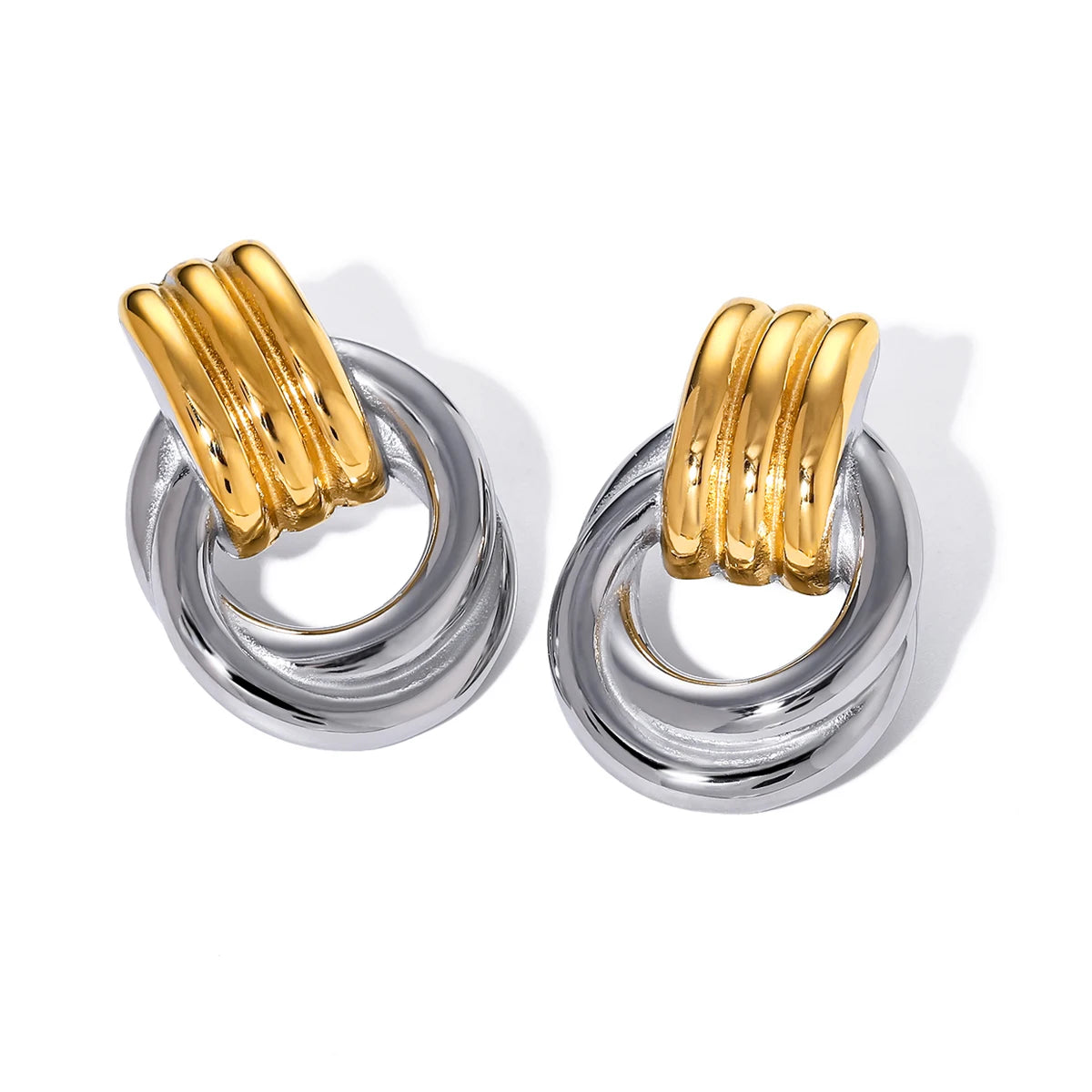Waterproof 18k PVD Gold Stainless Steel Two Tone Plated Multi Layered Textured Round Rope Spiral Stud Earring
