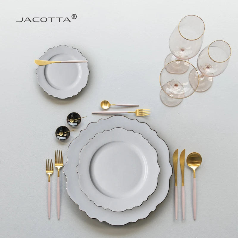New Arrival Ceramic Gold Rim White Dinner Plate Set with Coffee Cup Saurce
