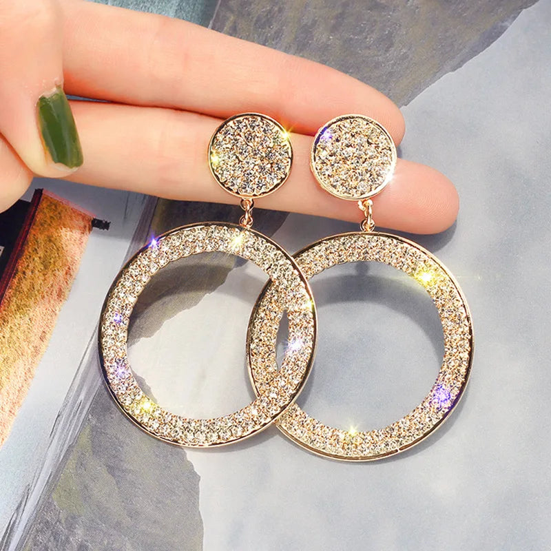 HOVANCI European Fashion Circle Round Bling Diamond Hoop Earrings Gold Silver Shinny Rhinestone Crystal Huggie Earrings