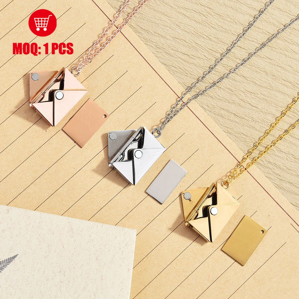 Stock Fashion Jewelry Custom logo Photo Waterproof Engraving Locket Love Pendant 18k Gold Plated Silver Blank Envelope Necklace