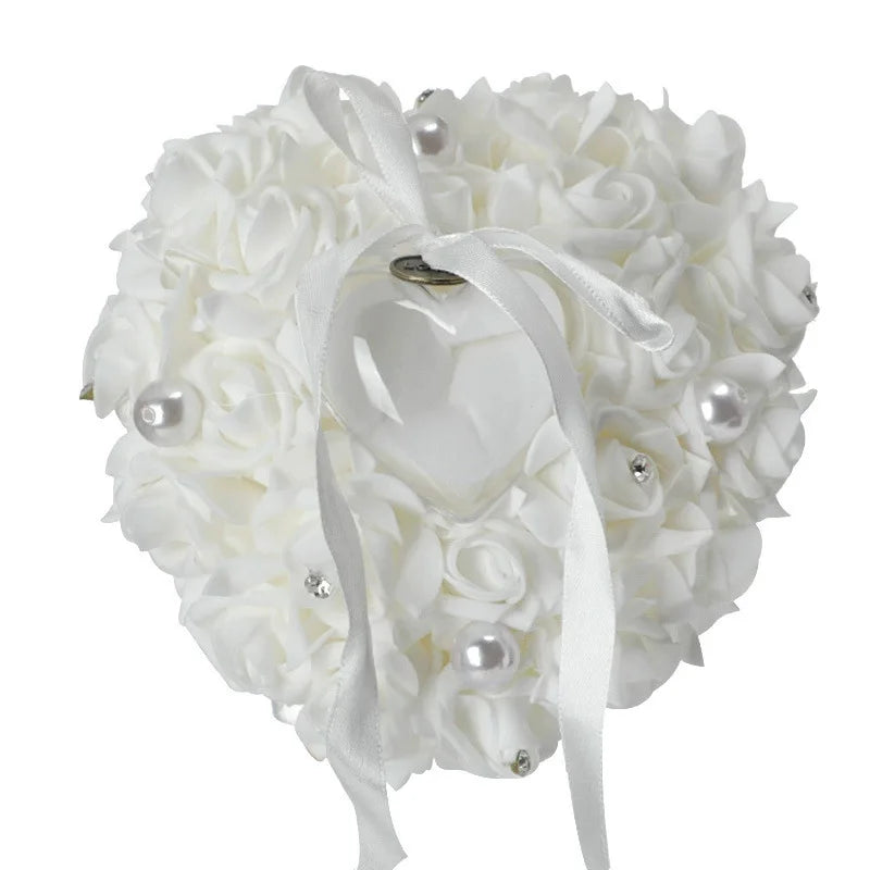 PE Roses Heart-Shaped Ring Pillow Dual Ring Slots Decorative Flower Girl Ring Holder Wedding Ceremony Accessories