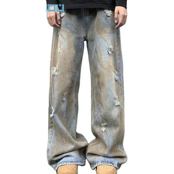 Streetstyle Oversized Stacked Straight Denim Wide Leg Pants Custom Vintage Distressed Dirty Wash Blue Baggy Jeans Men
