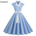 Notched Collar Vintage Solid Party Dresses Women Summer Sleeveless Belted Midi 50s 60s Swing Sundress