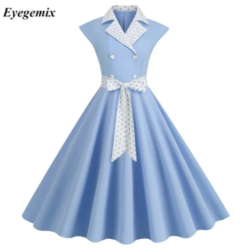 Notched Collar Vintage Solid Party Dresses Women Summer Sleeveless Belted Midi 50s 60s Swing Sundress