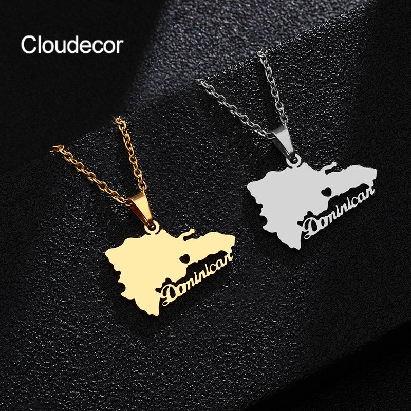 Trendy Fancy Stainless Steel Heart Pendant Necklace Dominican Republic Map Fashion Jewelry Focusing on North America Country