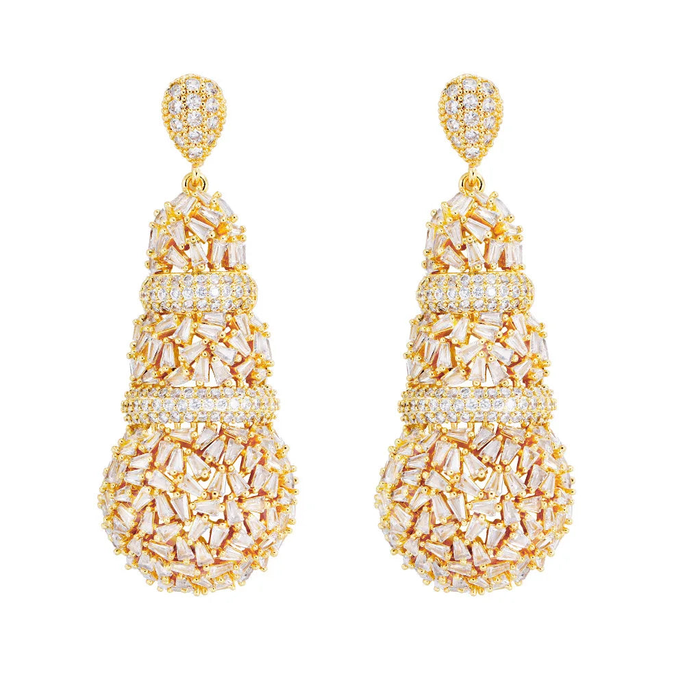 Top Design Dubai Gold Plated Baguette Cut Cubic Zircon Cluster Wedding Long Dangle Drop Earrings for Women Brides Banquet Party