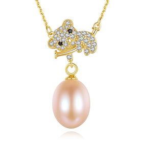 Hot Selling S925 Sterling Silver Freshwater Pearl Pendant Necklace with Full Diamond Panda Clavicle Chain Wholesale Jewellery