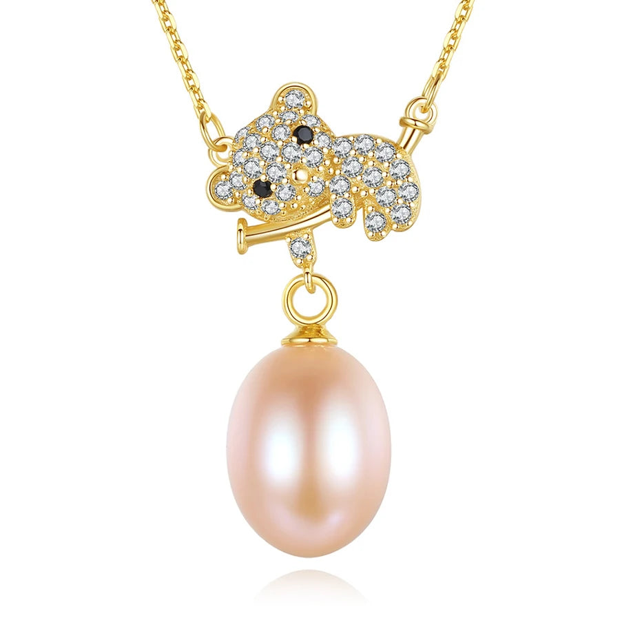Hot Selling S925 Sterling Silver Freshwater Pearl Pendant Necklace with Full Diamond Panda Clavicle Chain Wholesale Jewellery