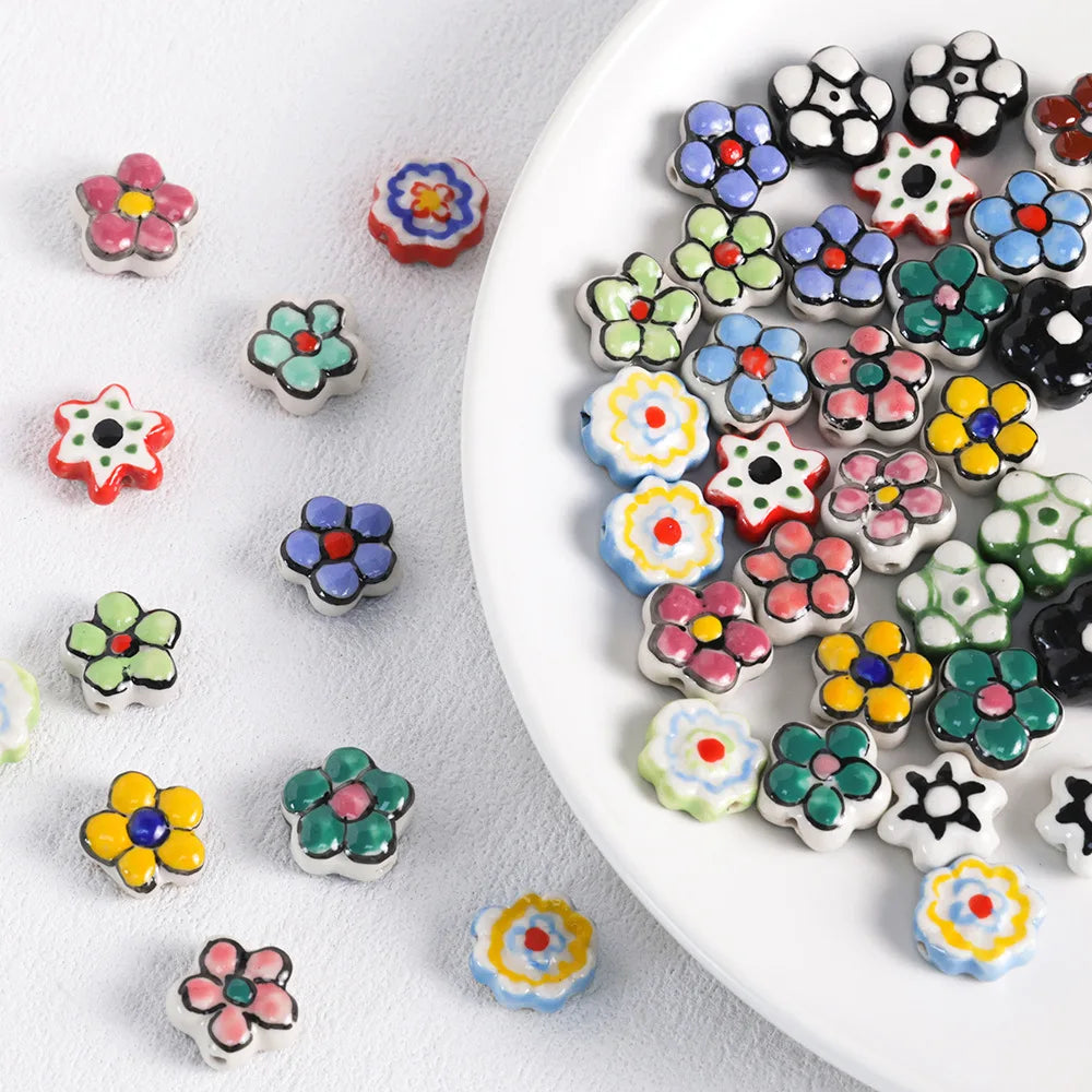 Wholesale Hand-Painted Cartoon Flower Ceramic Beads Loose Porcelain Pink Clay Beads for Jewelry Making Findings
