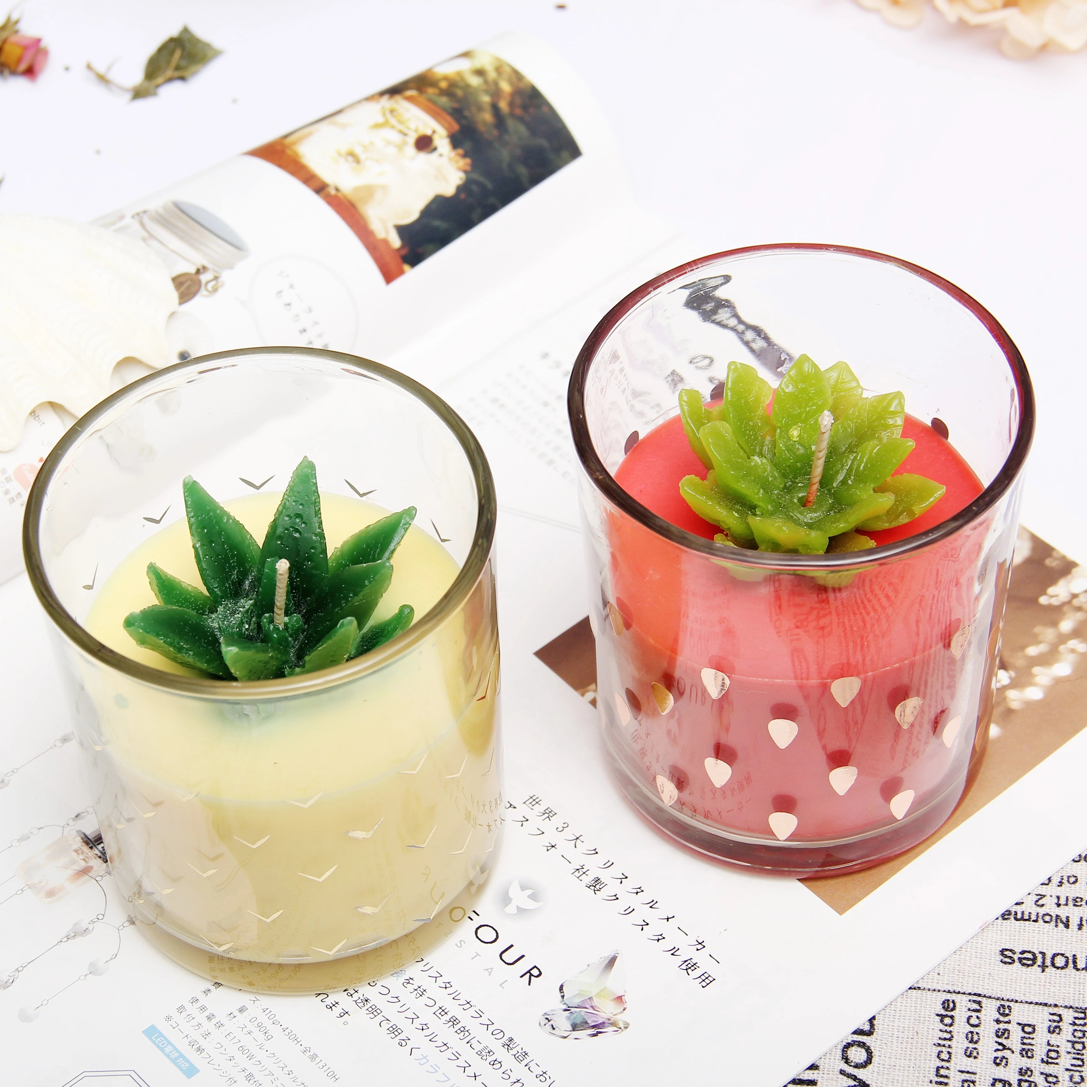 Strawberry Glass Scented Candle with Palm Wax Beeswax Handmade Holiday Pillar Shape Long Burning Time for Diwali Home Decoration