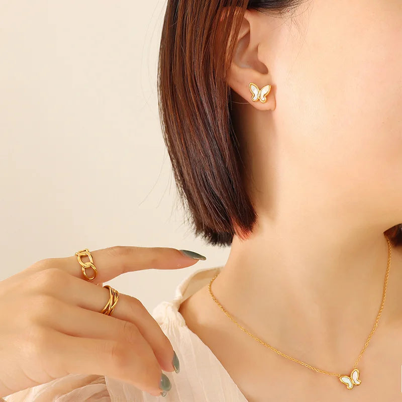 Korean Minimalist Butterfly White Seashell Necklace and Earrings Stainless Steel Jewelry Set for Women