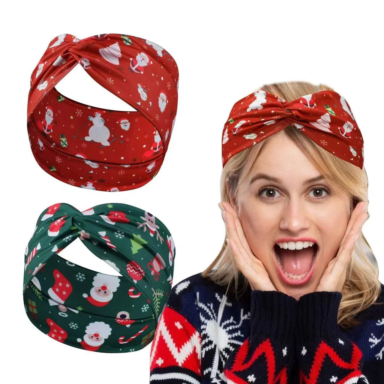 Christmas Hair Accessories XMAS Tree Print Headband Cross Stretch Hair Bands As Gift