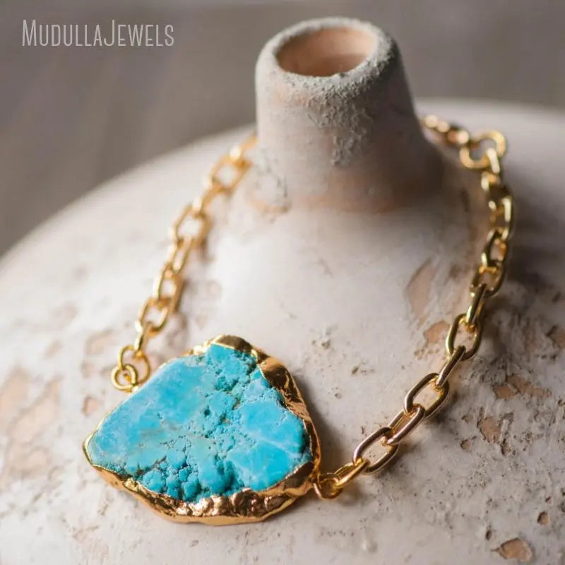BM10812 Natural Gemstone Turquoise Free Form Slice Chain Bracelet Gold Plated December Birthstone Beach Jewelry