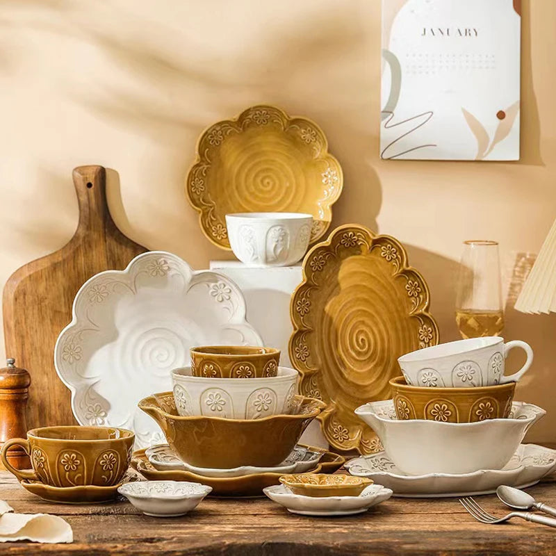 Ceramic Dish Set Household Japanese Style Kiln Becomes Light Luxury Dinnerware Creative Nordic Ceramic Rice Bowl Plate
