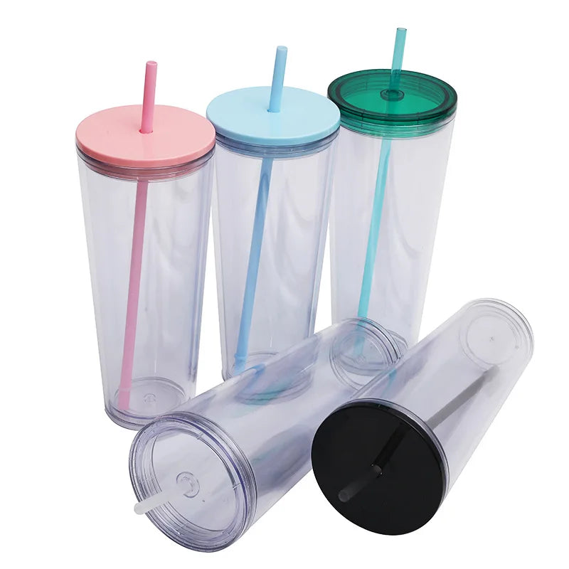 Wholesale Custom logo Double Wall Plastic clear 750ml Water Bottle with Lid and Straw Coffee Tumbler Cups Mug Bulk