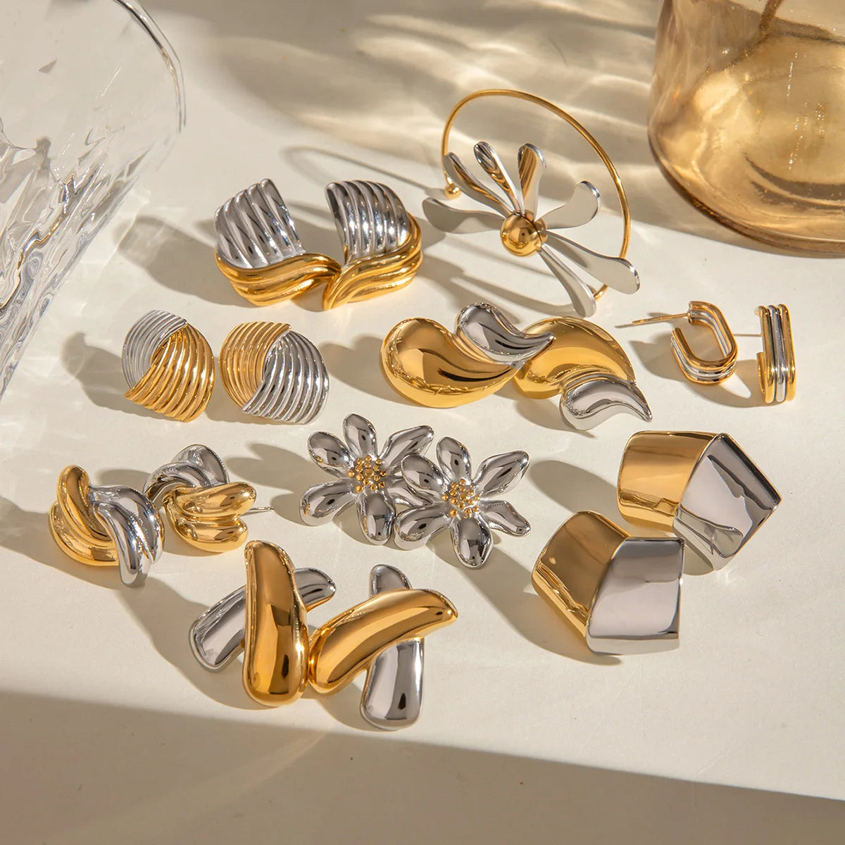 High-End Stainless Steel Contrast Color Hoop Earrings Silver Gold Mixed Ear Studs with Titanium Steel Non-Fading Jewelry