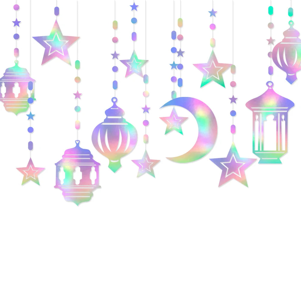 Set 6pcs Ramadan Decorations Eid Mubarak Swirl Banner Star Moon Ceiling Hanging Ornament Muslim Party Supplies for Ramadan