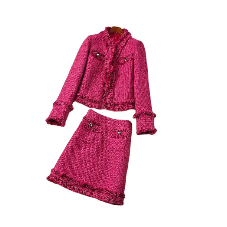 Guangzhou Auyan French Style Famous Lady Tweed Crop Blazer Women Plus Size Tweed Skirt Girls Tweed Set