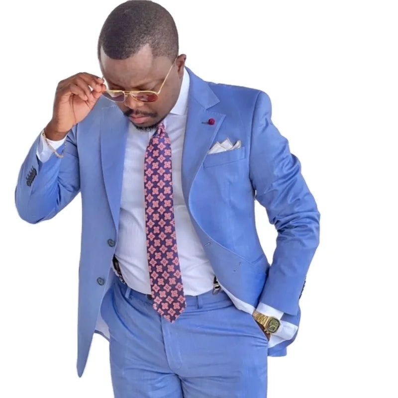 Blue Handsome Casual 2 Piece Suit for Men Wedding Tuxedos Notched Lapel Groomsmen Men Suits Business Party Prom Blazer