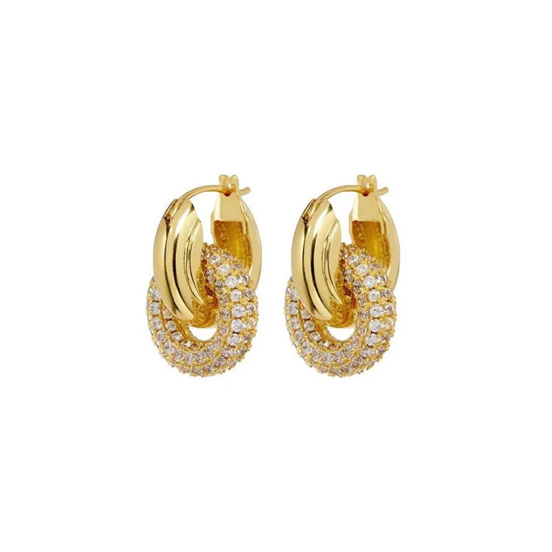 New Trendy Earring 18K Gold Plated Crystal Paved Double-Circle Hoop Earrings for Women Brass Earrings Wholesale