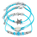 AA00021 Boho Beach 3Pcs Blue Rope Bead Anklet Sea Shell Starfish Rope Anklet for Women