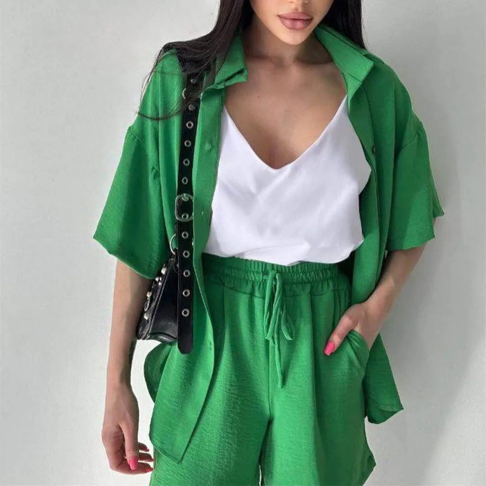 Enyami Summer Vacation Bright Colors Womens Coords Creped Fabric Sleeve Cardigan Tops Drawstring Shorts 2 Pieces Matching Sets