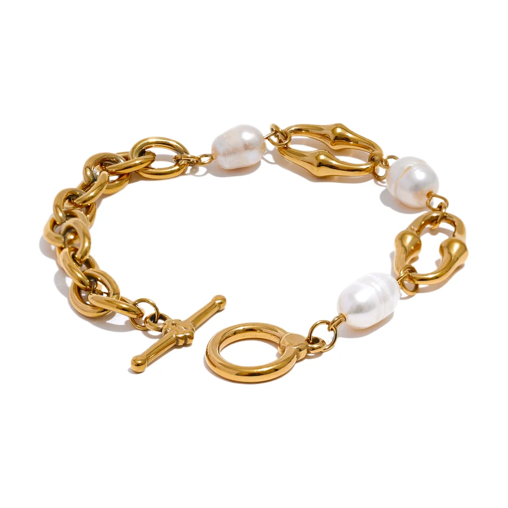 JINYOU 1475 Stainless Steel 316l Natural Pearl Chain Toggle-Clasps Bracelet Bangle for Women Elegant Fashion Jewelry Bijoux