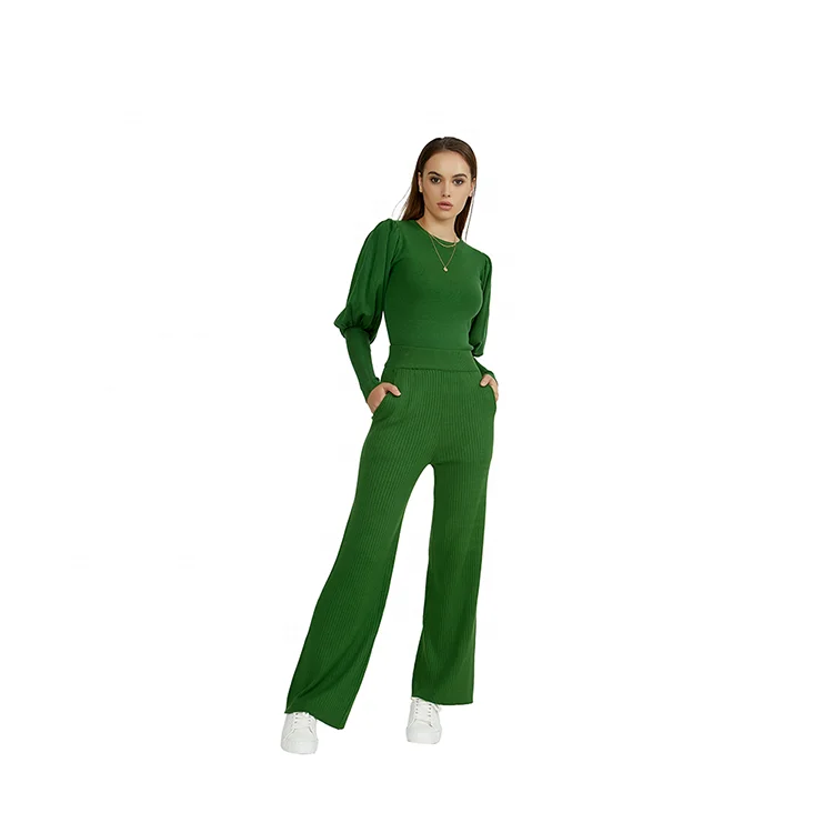 Wholesale Custom Spring Breathable Loose Wide-Leg Knit Women Two-Piece Set Trousers