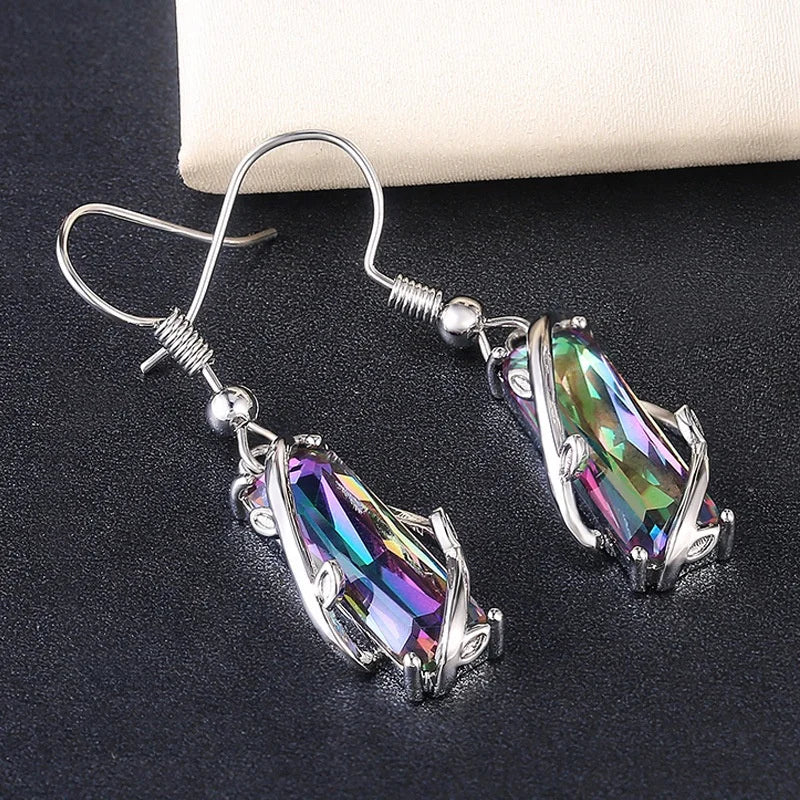 CAOSHI Beautiful Gemstone Clear Dangle Earrings Girls Women Delicate Vines Twined Silver Rectangle Colorful Zircon Earrings