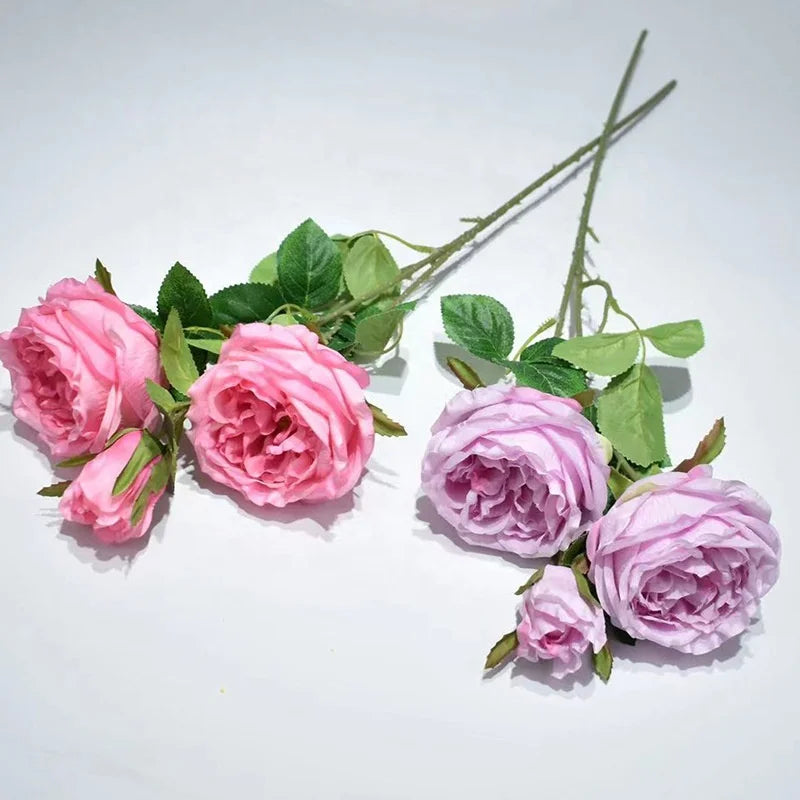 O-X837 Wholesale 3 Heads Austin Silk Rose Flowers Home Wedding Decorations Artificial Flower Roses White Hot Pink Roses Flowers
