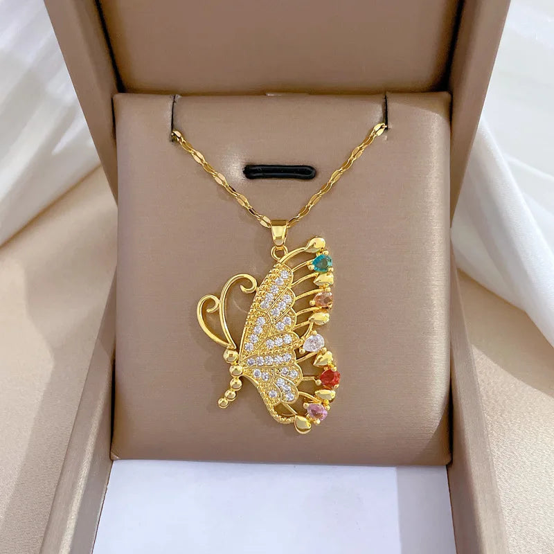 Hot Sale Gold Plated Stainless Steel Zircon Necklace Luxury Full Diamond Butterfly Pendant Necklace for Women and Girls
