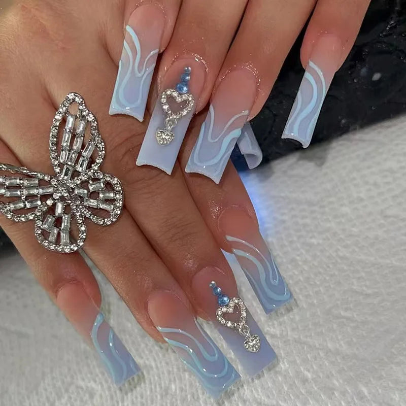 SGCY-125 L-Size French Design Artificial Press-On False Nails Temooi Brand Gradual Aqua Blue Rhinestone ABS Ballet for Finger