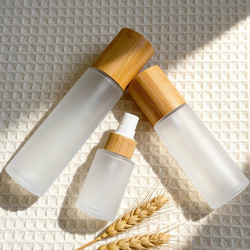Cosmetic Packaging Bamboo Glass Bottle With Bamboo Pump Sprayer Lotion Cap  for Cosmetic Packaging