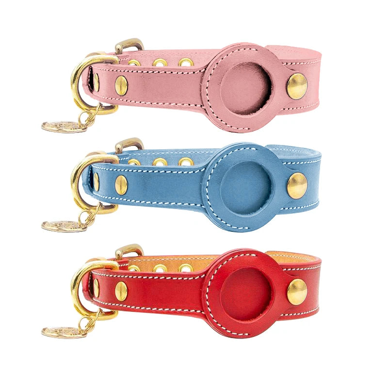 Air Tag Leather Animal Collar Adjustable Air Tag Dog Collar Heavy Duty Metal Buckle Collar with Airtag Tracker Case