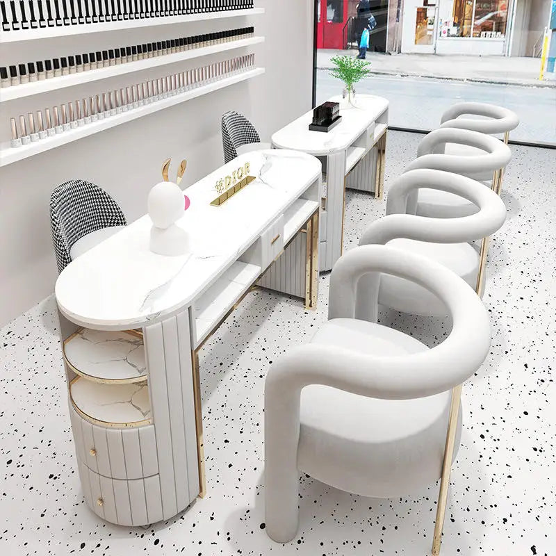 Trendy Modern White Emerald Green Salon Nail Studio Manicure Stainless Steel Marble Table Chair Set