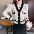 Autumn High Quality Style Knitted Cardigan Design Sense Elegant Sweater Coat Color Block All-match Sweater Cardigan for Women