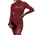 Autumn/Winter New European and American Women's Solid Color Hollow Split Knit Dress