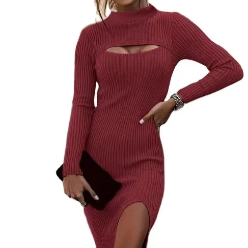 Autumn/Winter New European and American Women's Solid Color Hollow Split Knit Dress